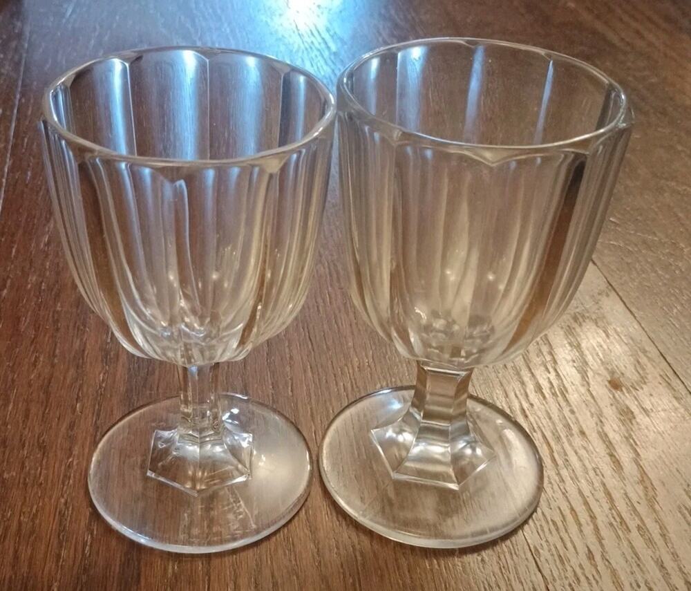 Lot Set 2 ANTIQUE Victorian EAPG HUBER FLINT Clear Glass stem Goblets grooved 6"